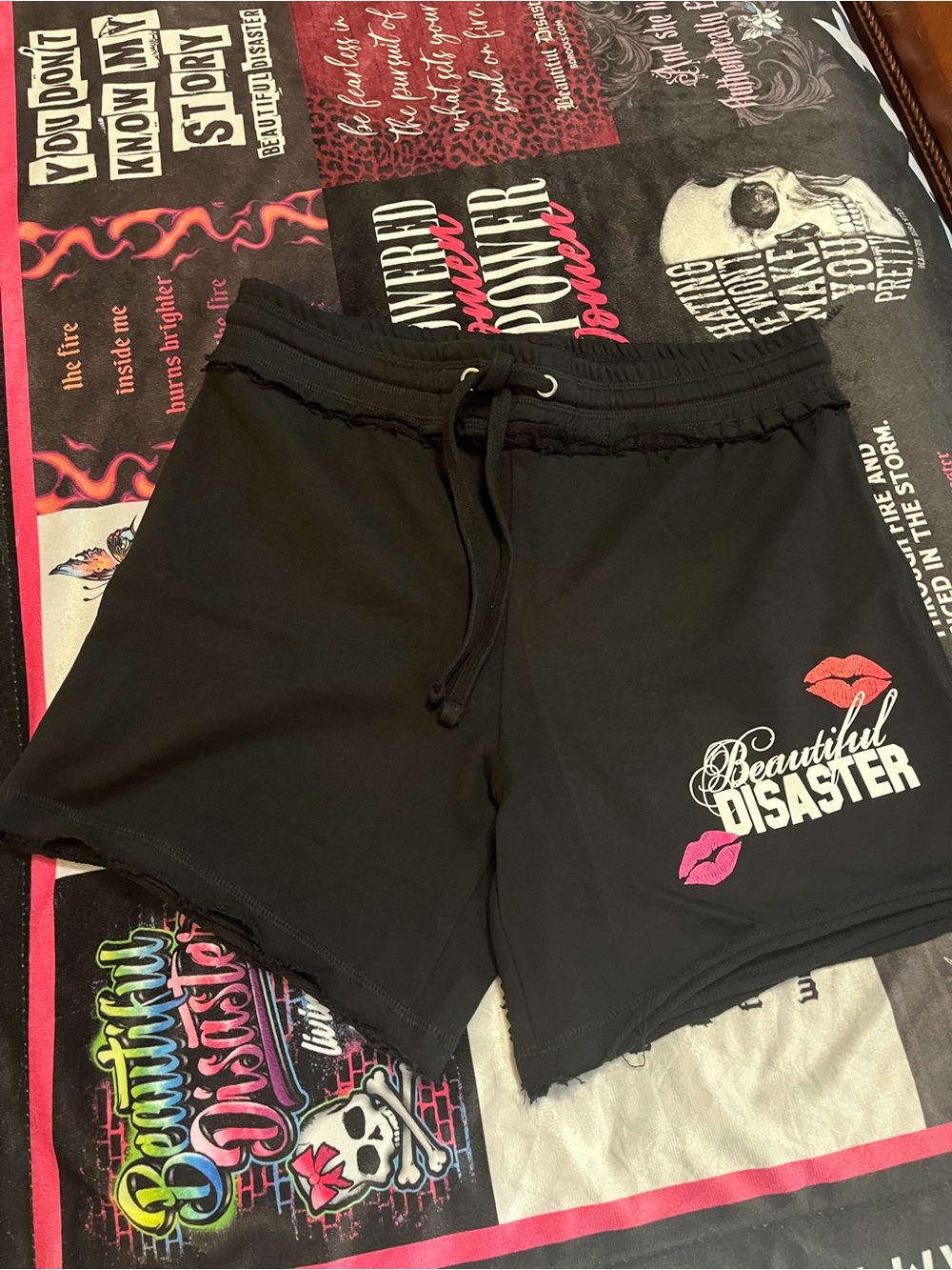 Beautiful Disaster Women's Black Athletic Lounge Shorts with Lip Graphic